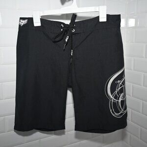 FOX Board Shorts EUC Men Size Med Black Tie Front Graphic Logo 36" Waist Script